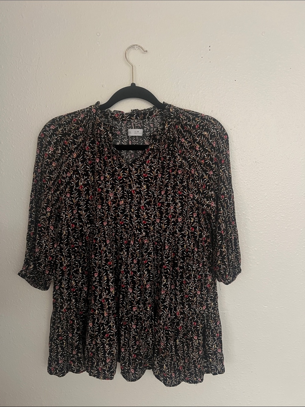 Zara Black Floral Peasant Tunic with Pink & Cream Accents